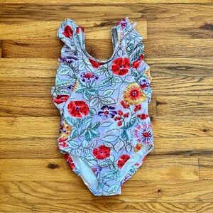 Gymboree Girls Floral Ruffle One-Piece Swimsuit Lavender Red Yellow Flowers 5/6